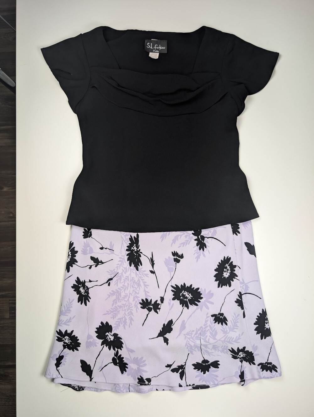 Vintage SL Fashions 2 Pc Skirt Set 10P Black Cowl Neck Lilac Floral Y2K Fairy